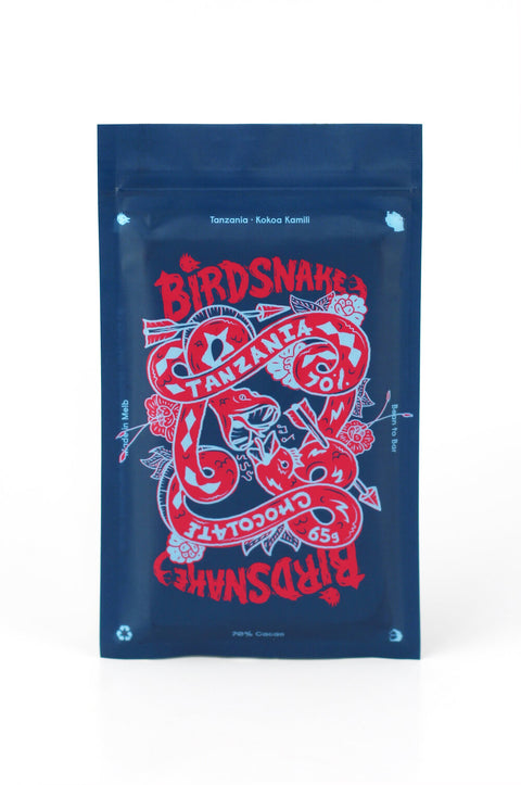Rectangular red and blue pouch containing birdsnake chocolate from Tanzania.