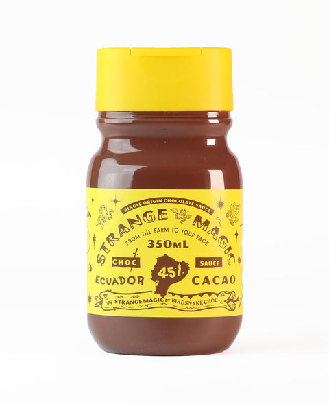 Yellow plastic squeeze bottle filled chocolate sauce.